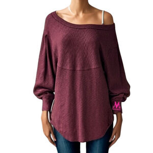 FREE PEOPLE OG Volume Sleeves Thermal Pullover in Cherry Cola Burgundy Sz small
